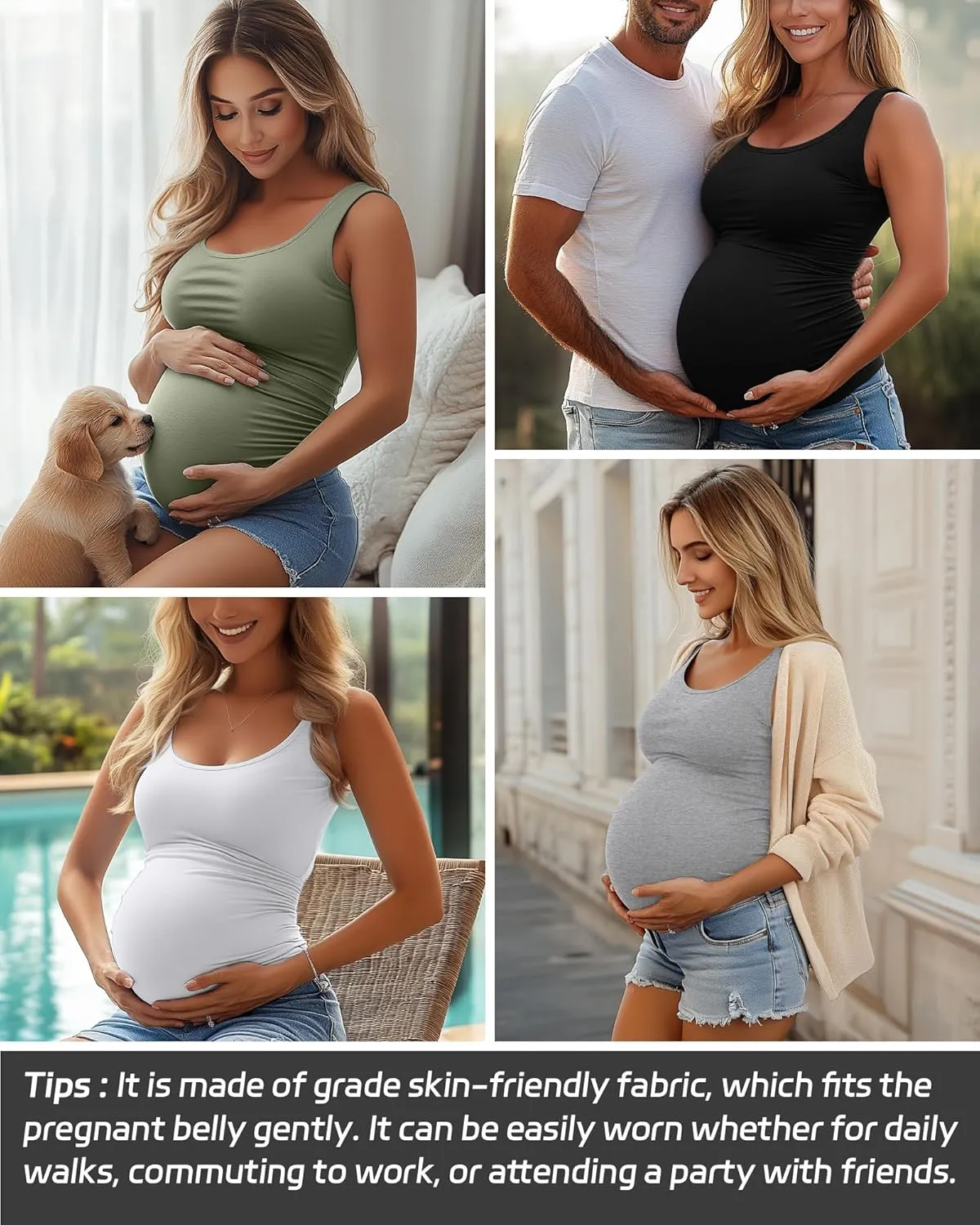 Ficerd 4 Pack Women's Maternity Tank Tops Sleeveless Side Ruched Top Crew Neck Casual Pregnancy T-Shirts Summer Basic