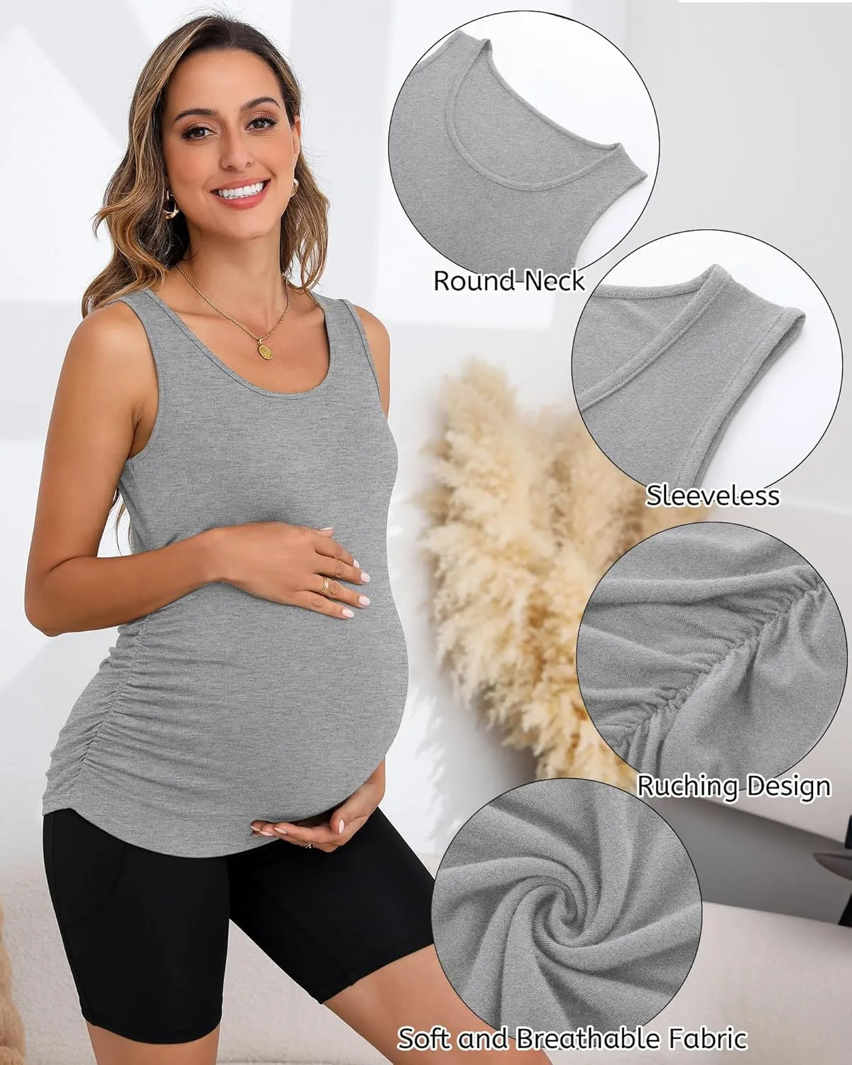 Ficerd 4 Pack Women's Maternity Tank Tops Sleeveless Side Ruched Top Crew Neck Casual Pregnancy T-Shirts Summer Basic