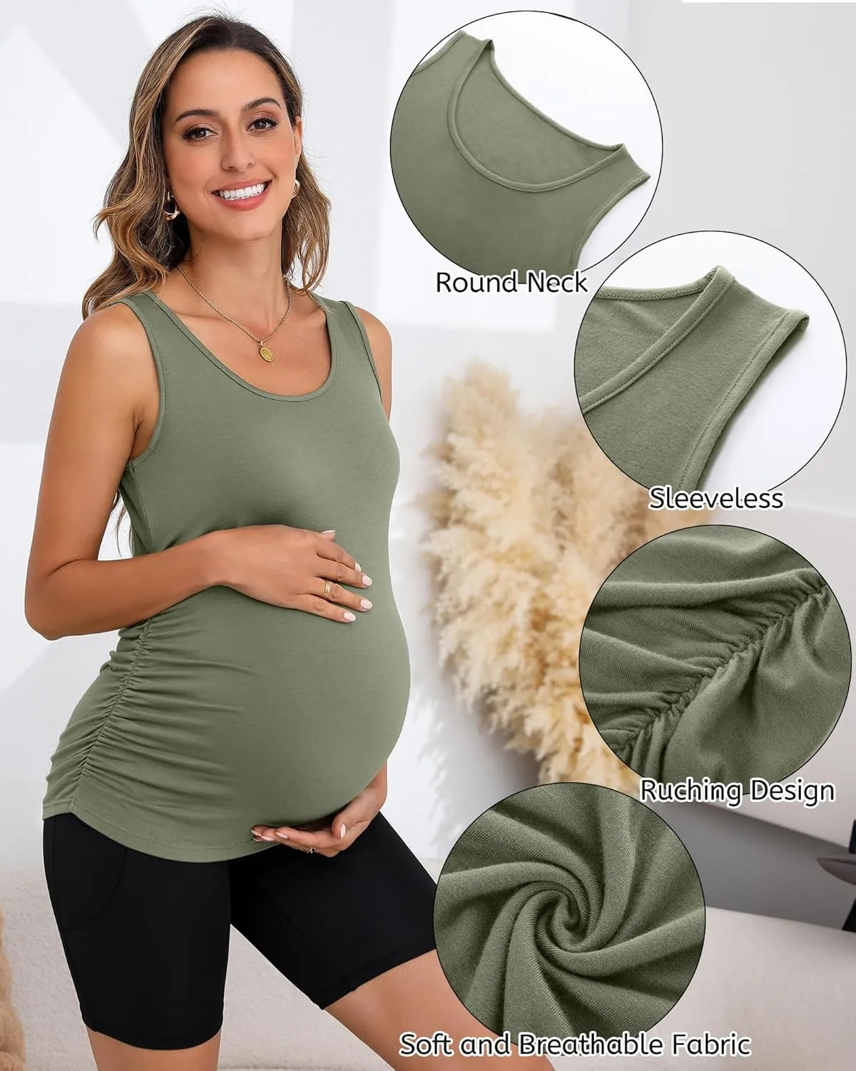Ficerd 4 Pack Women's Maternity Tank Tops Sleeveless Side Ruched Top Crew Neck Casual Pregnancy T-Shirts Summer Basic