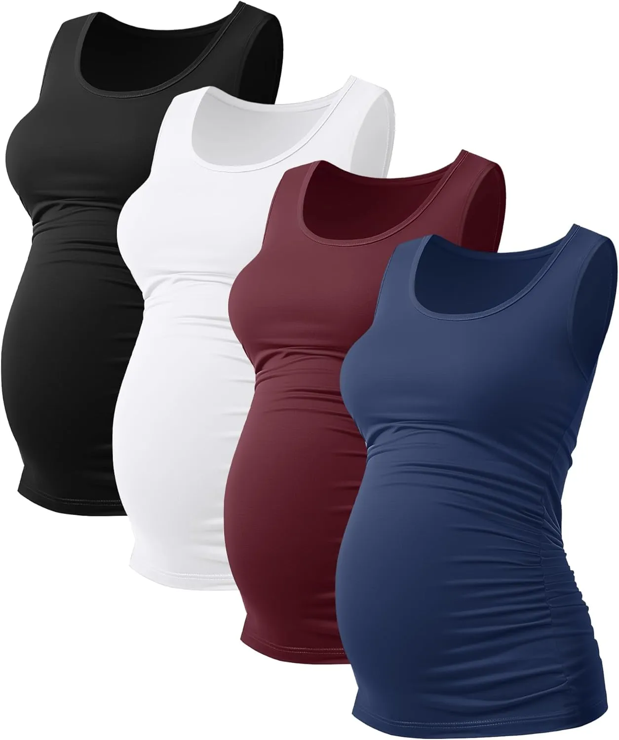 Ficerd 4 Pack Women's Maternity Tank Tops Sleeveless Side Ruched Top Crew Neck Casual Pregnancy T-Shirts Summer Basic