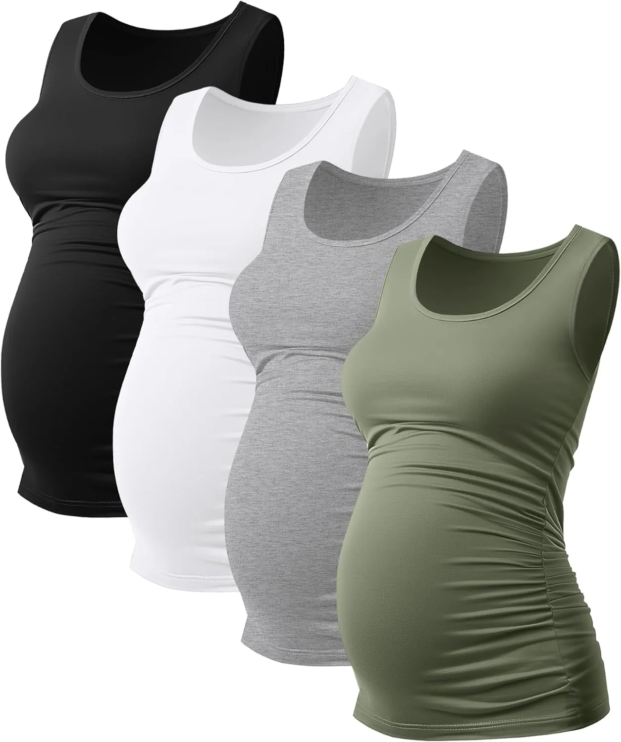 Ficerd 4 Pack Women's Maternity Tank Tops Sleeveless Side Ruched Top Crew Neck Casual Pregnancy T-Shirts Summer Basic