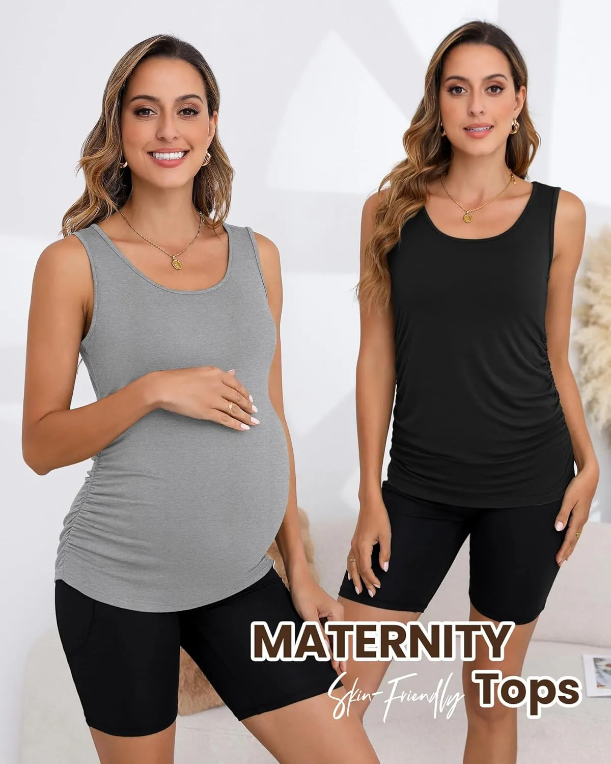 Ficerd 4 Pack Women's Maternity Tank Tops Sleeveless Side Ruched Top Crew Neck Casual Pregnancy T-Shirts Summer Basic