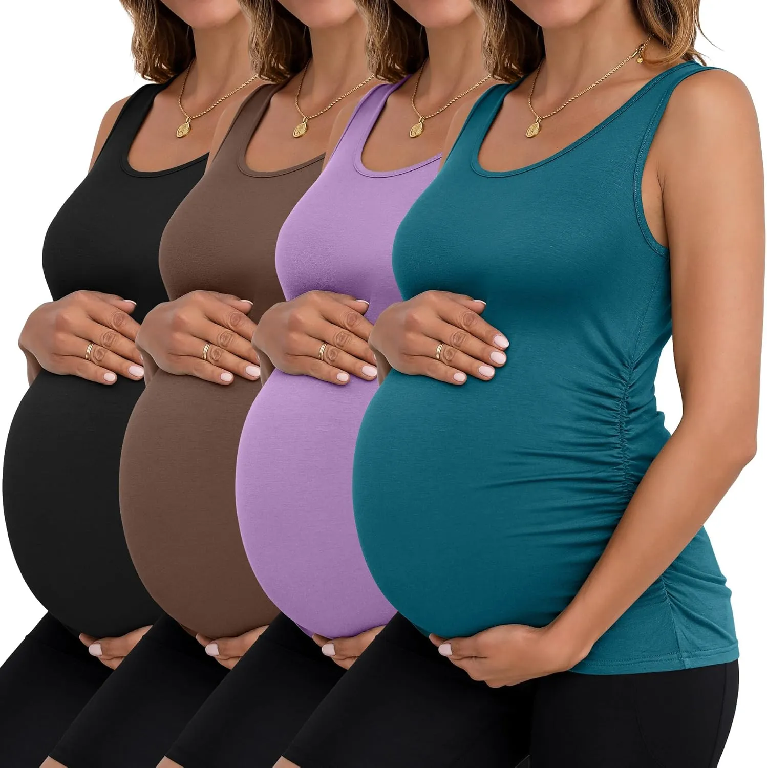 Ficerd 4 Pack Women's Maternity Tank Tops Sleeveless Side Ruched Top Crew Neck Casual Pregnancy T-Shirts Summer Basic