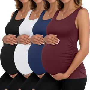 Ficerd 4 Pack Women's Maternity Tank Tops Sleeveless Side Ruched Top Crew Neck Casual Pregnancy T-Shirts Summer Basic