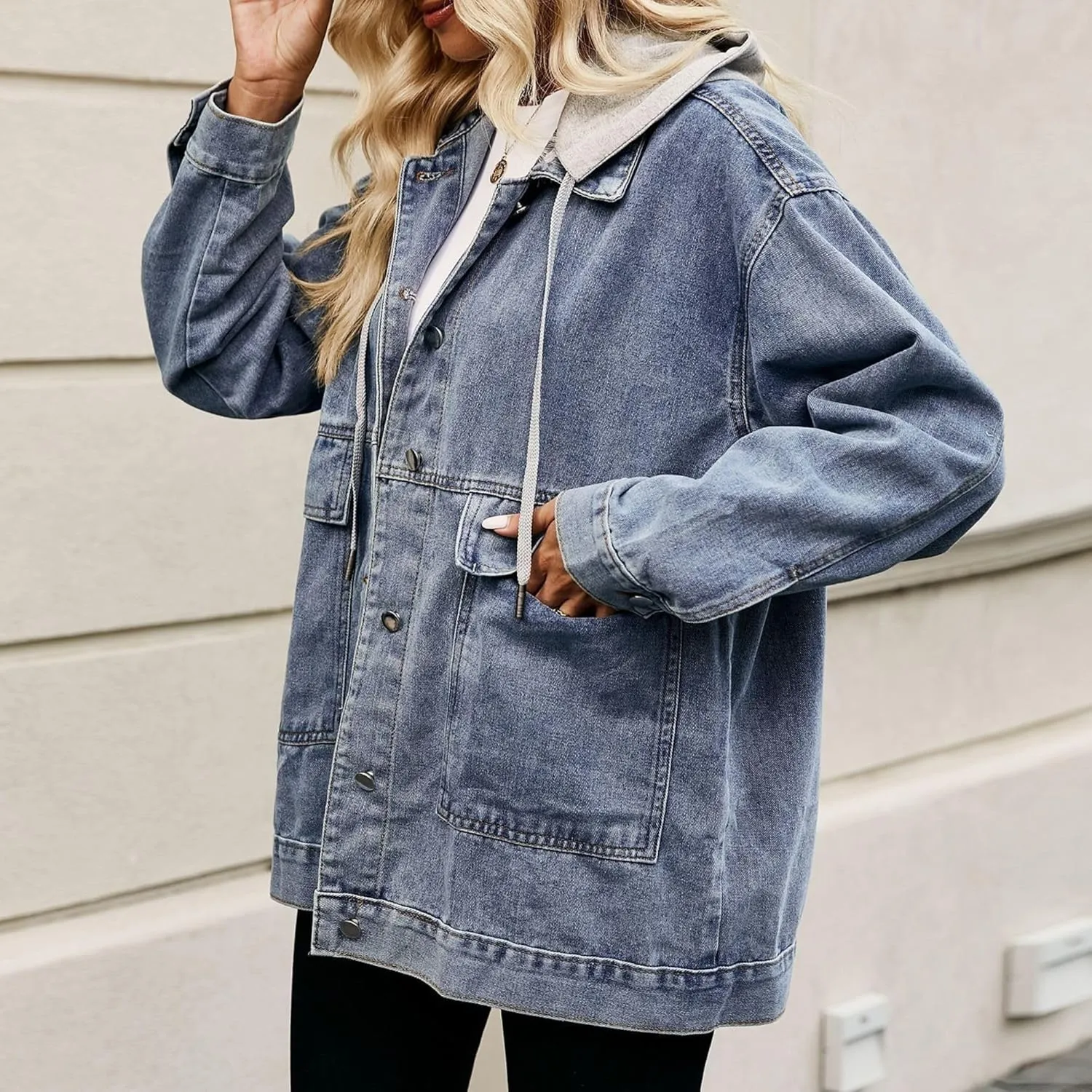 FindThy Womens Oversized Denim Jean Jacket Long Sleeve Button Up Jean Jacket Top With Pockets
