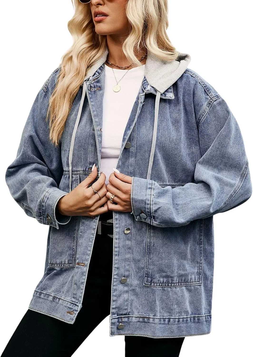 FindThy Womens Oversized Denim Jean Jacket Long Sleeve Button Up Jean Jacket Top With Pockets
