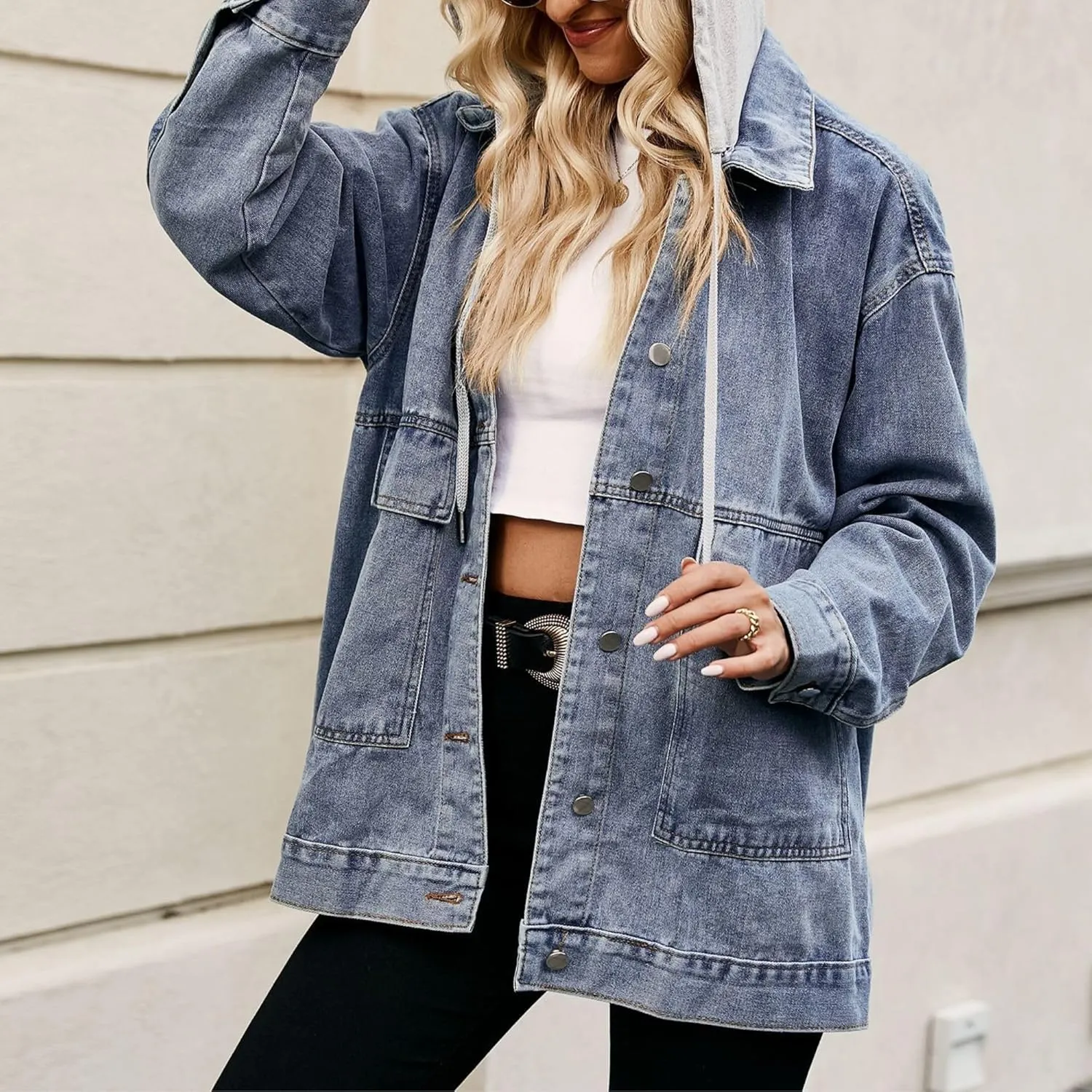FindThy Womens Oversized Denim Jean Jacket Long Sleeve Button Up Jean Jacket Top With Pockets