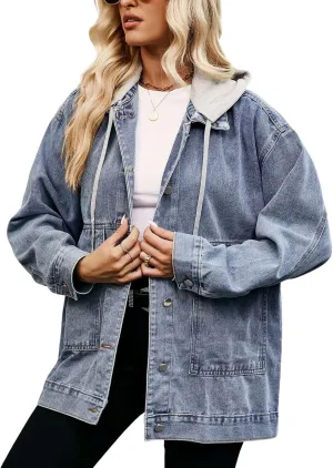 FindThy Womens Oversized Denim Jean Jacket Long Sleeve Button Up Jean Jacket Top With Pockets