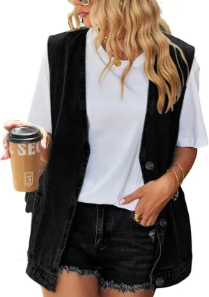 FindThy Womens Vintage Denim Jean Vest Oversized Button Down Jean Waistcoat Gilet