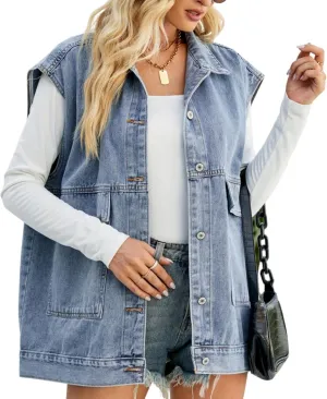 FindThy Womens Vintage Denim Jean Vest Oversized Button Down Jean Waistcoat Gilet