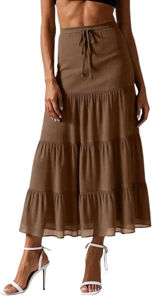 Floral Maxi Skirt for Women Summer Comfy Tiered Elastic High Waisted Skirts Vacation A-Line Flowy Swing Long Skirts