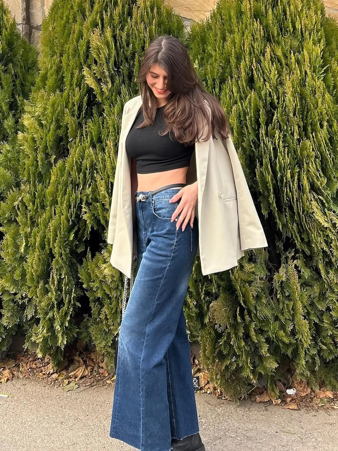 Genleck Women's Wide Leg Cropped High Waisted Seamed Front Raw Hem Denim Pants - Trendy Stretchy Baggy Jeans