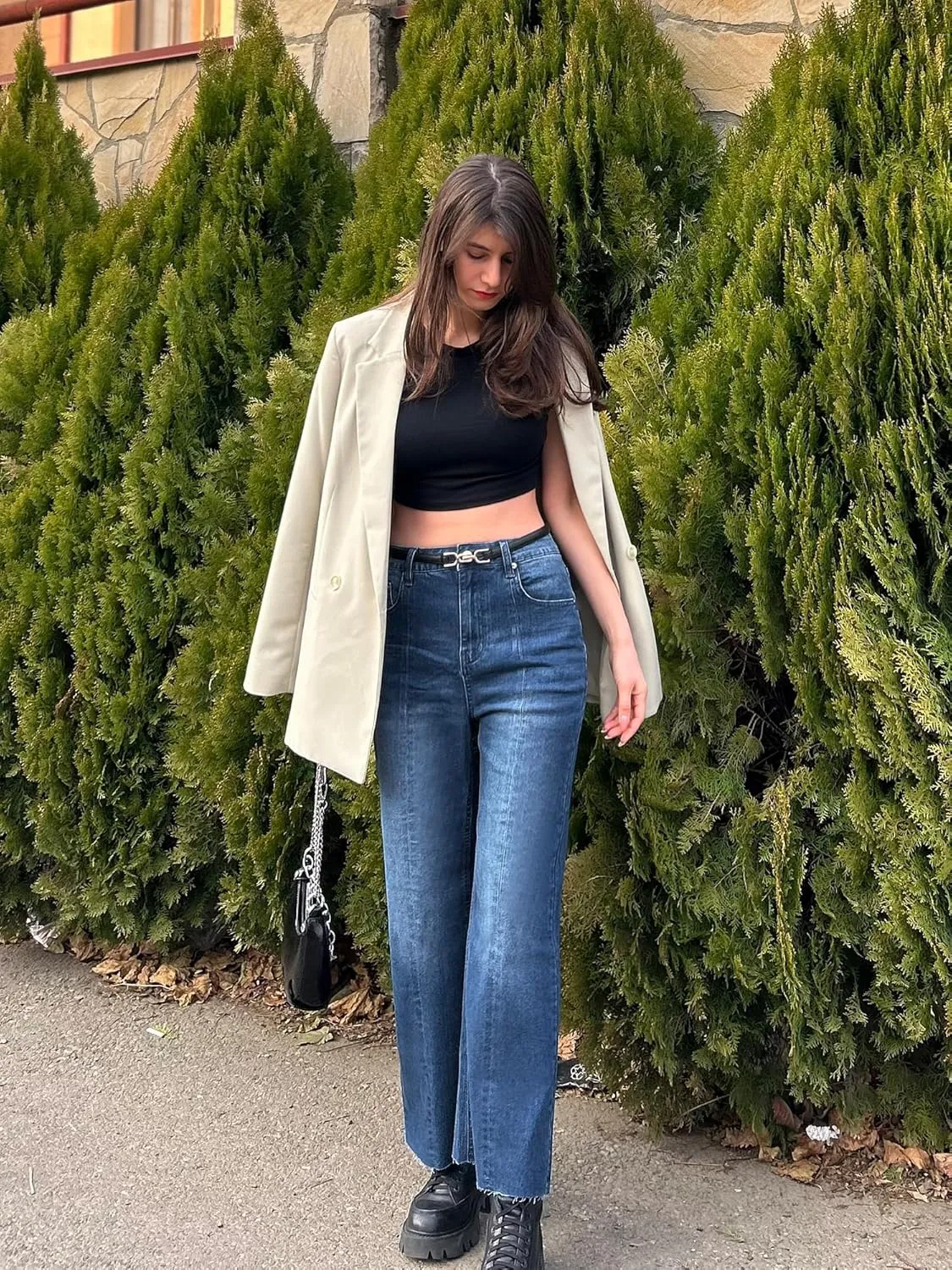 Genleck Women's Wide Leg Cropped High Waisted Seamed Front Raw Hem Denim Pants - Trendy Stretchy Baggy Jeans