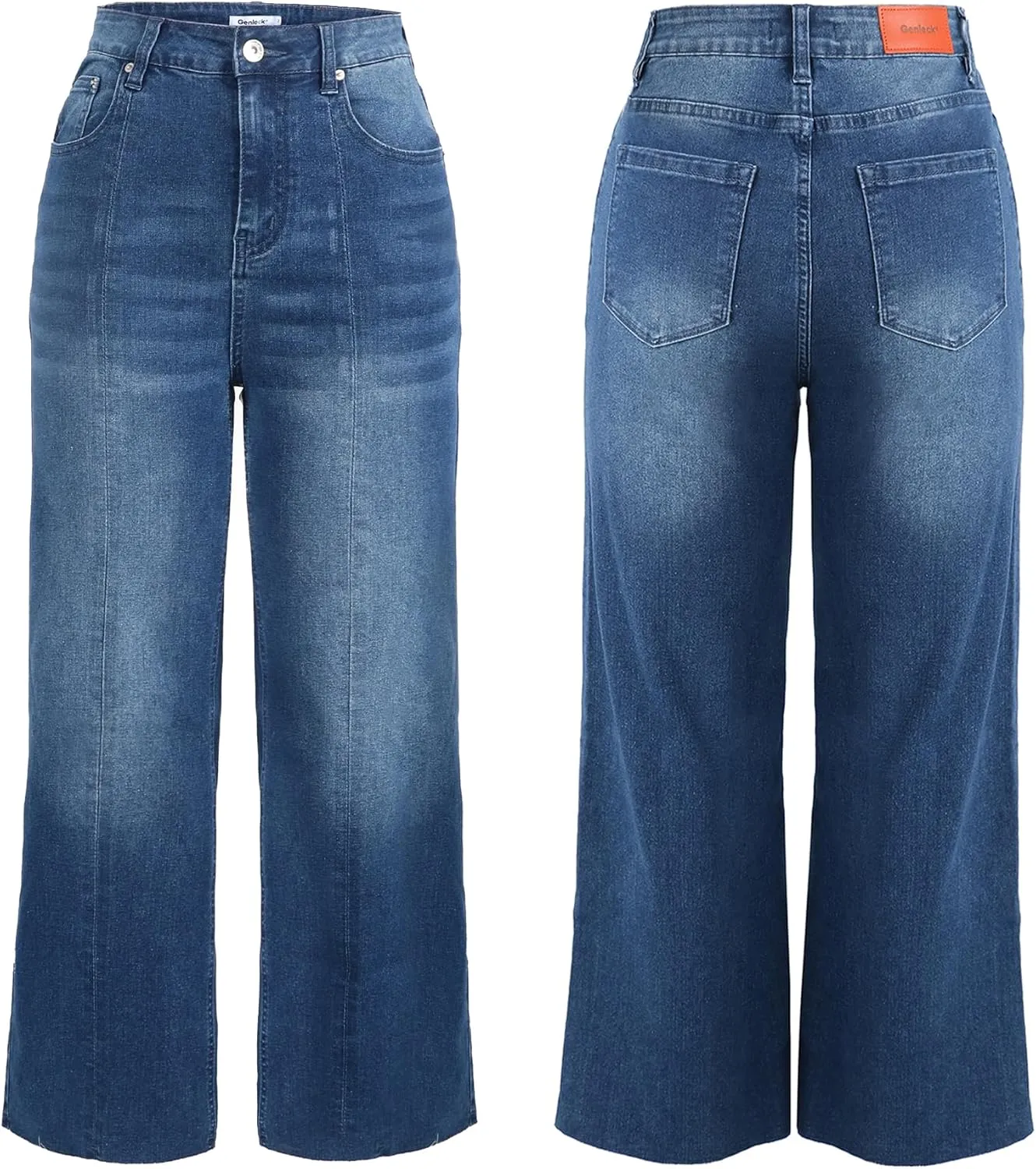 Genleck Women's Wide Leg Cropped High Waisted Seamed Front Raw Hem Denim Pants - Trendy Stretchy Baggy Jeans