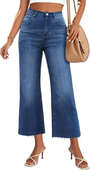 Genleck Women's Wide Leg Cropped High Waisted Seamed Front Raw Hem Denim Pants - Trendy Stretchy Baggy Jeans