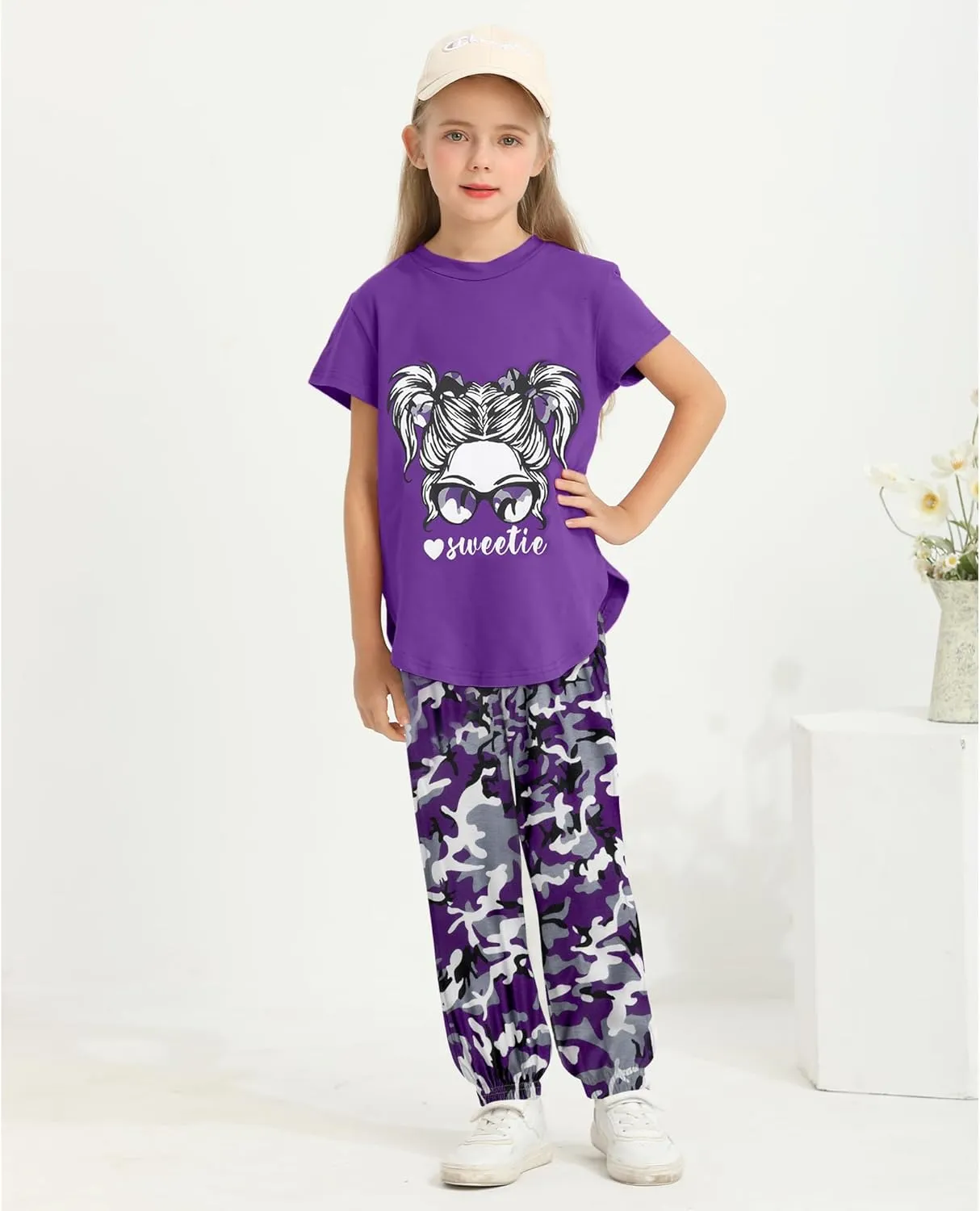Girls Outfits Short Sleeve Irregular Tops   Camouflage Long Legging Outfits 2PCs Summer Pant Sets 6-14T