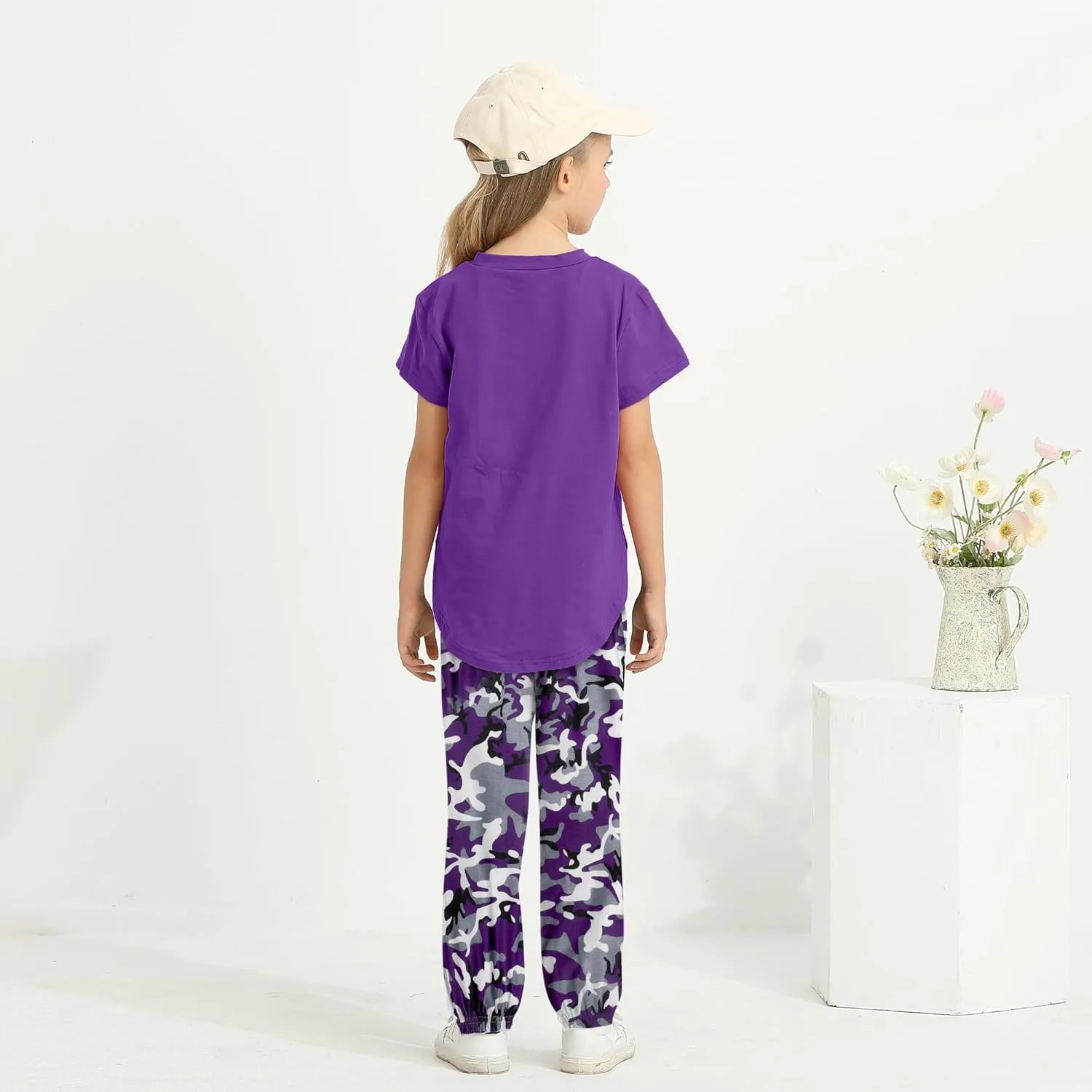 Girls Outfits Short Sleeve Irregular Tops   Camouflage Long Legging Outfits 2PCs Summer Pant Sets 6-14T