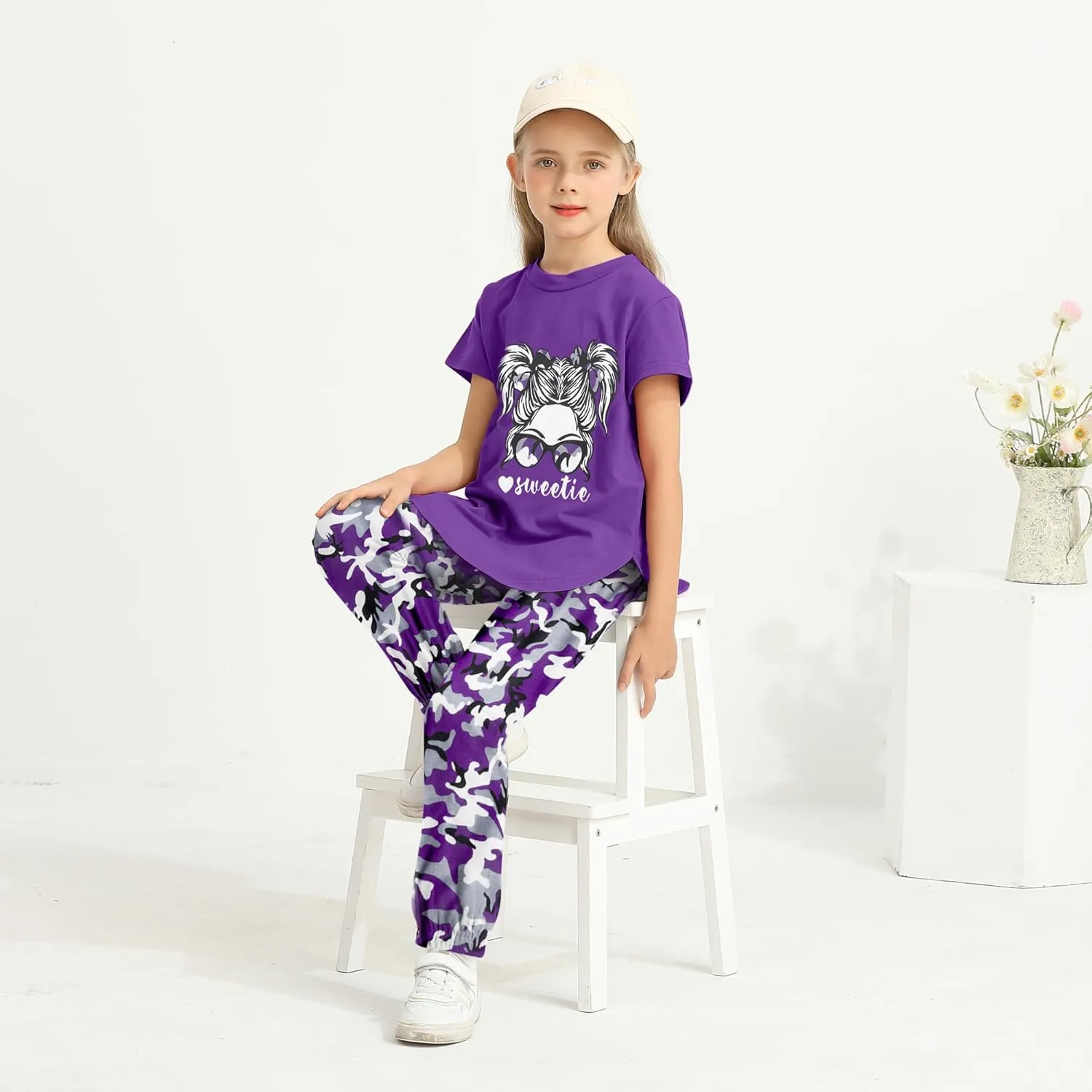 Girls Outfits Short Sleeve Irregular Tops   Camouflage Long Legging Outfits 2PCs Summer Pant Sets 6-14T
