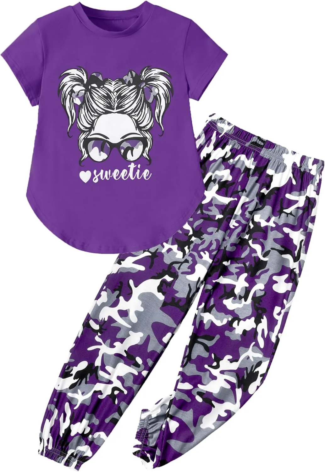 Girls Outfits Short Sleeve Irregular Tops   Camouflage Long Legging Outfits 2PCs Summer Pant Sets 6-14T