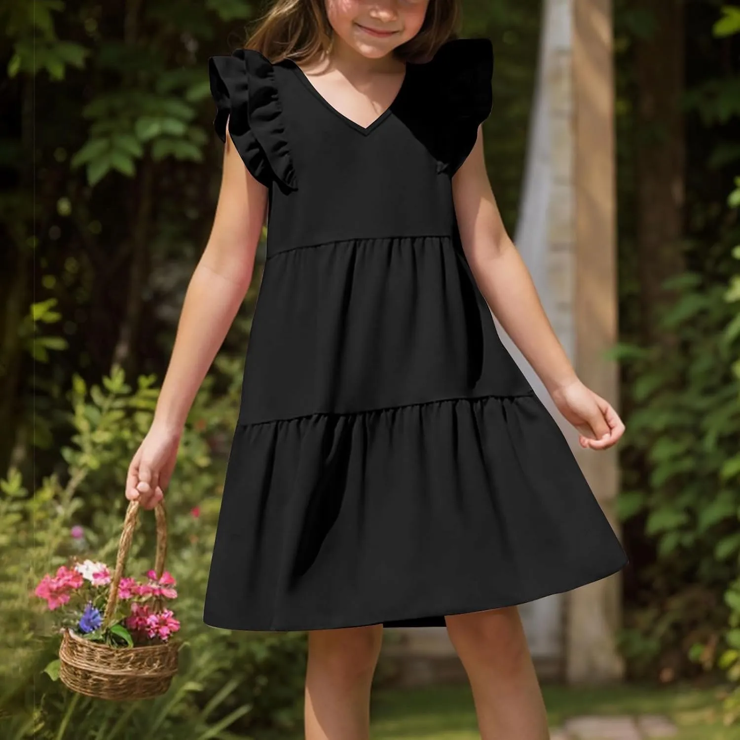 Girls Ruffle Sleeve Dresses Casual 2025 Tiered A-Line Flowy Swing Sundress Tween Summer Outfits Size 4-14 Years