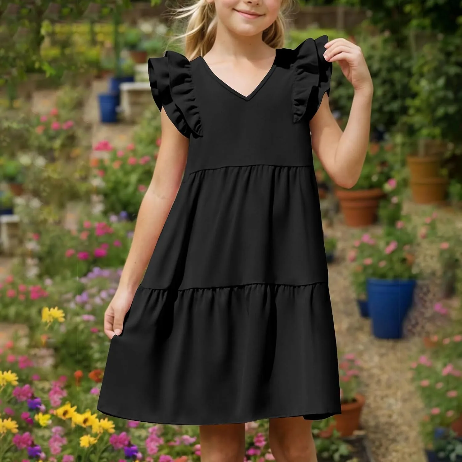 Girls Ruffle Sleeve Dresses Casual 2025 Tiered A-Line Flowy Swing Sundress Tween Summer Outfits Size 4-14 Years
