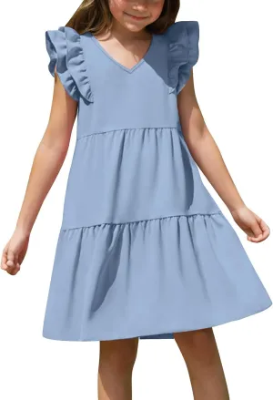 Girls Ruffle Sleeve Dresses Casual 2025 Tiered A-Line Flowy Swing Sundress Tween Summer Outfits Size 4-14 Years