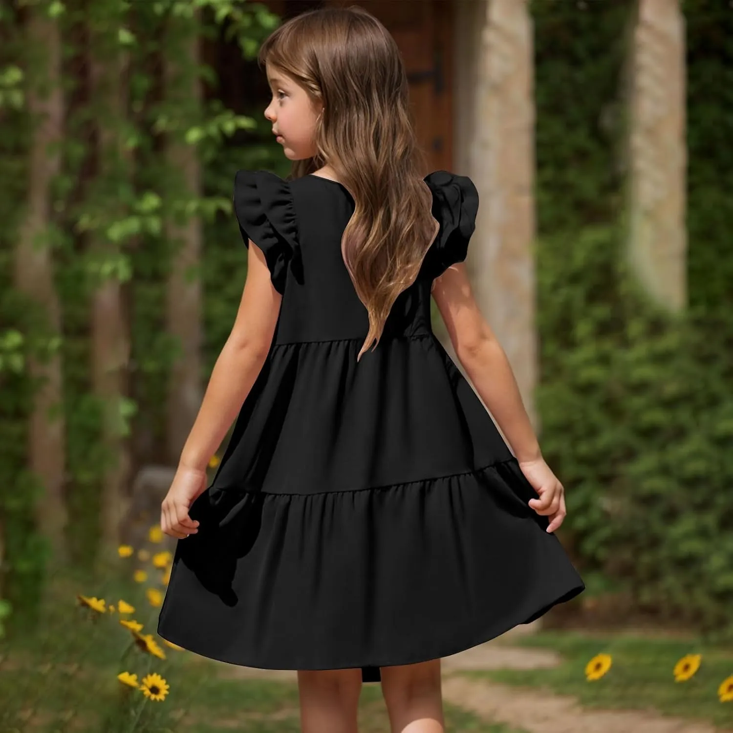 Girls Ruffle Sleeve Dresses Casual 2025 Tiered A-Line Flowy Swing Sundress Tween Summer Outfits Size 4-14 Years