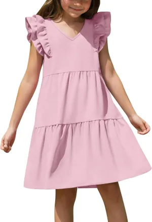 Girls Ruffle Sleeve Dresses Casual 2025 Tiered A-Line Flowy Swing Sundress Tween Summer Outfits Size 4-14 Years