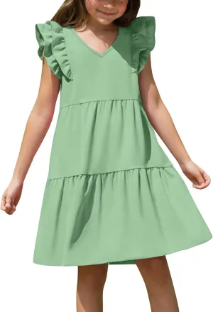 Girls Ruffle Sleeve Dresses Casual 2025 Tiered A-Line Flowy Swing Sundress Tween Summer Outfits Size 4-14 Years
