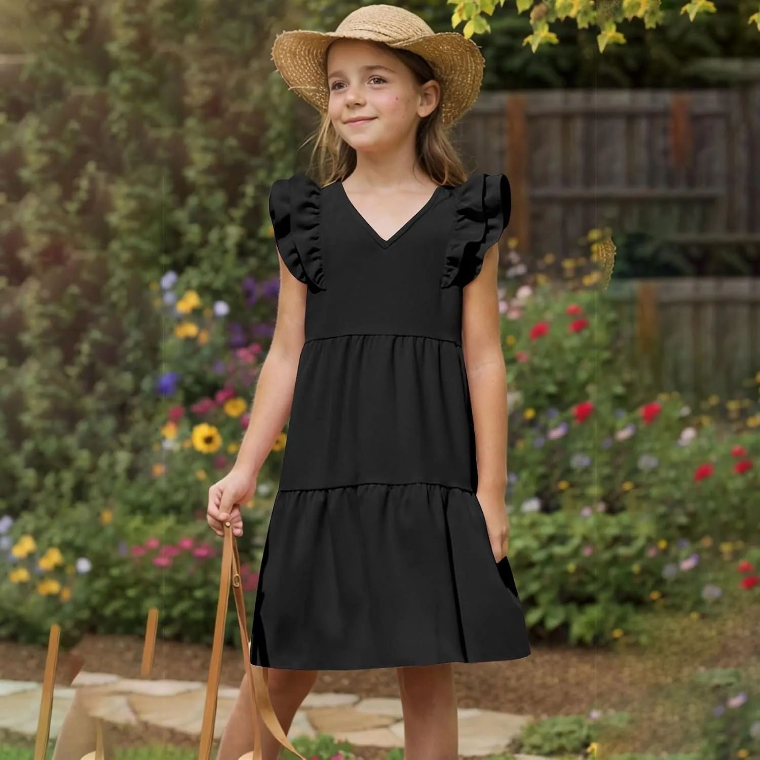 Girls Ruffle Sleeve Dresses Casual 2025 Tiered A-Line Flowy Swing Sundress Tween Summer Outfits Size 4-14 Years