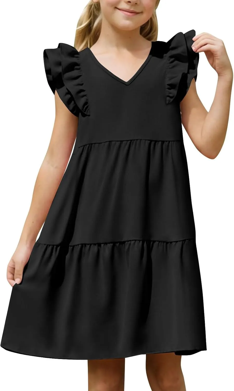 Girls Ruffle Sleeve Dresses Casual 2025 Tiered A-Line Flowy Swing Sundress Tween Summer Outfits Size 4-14 Years