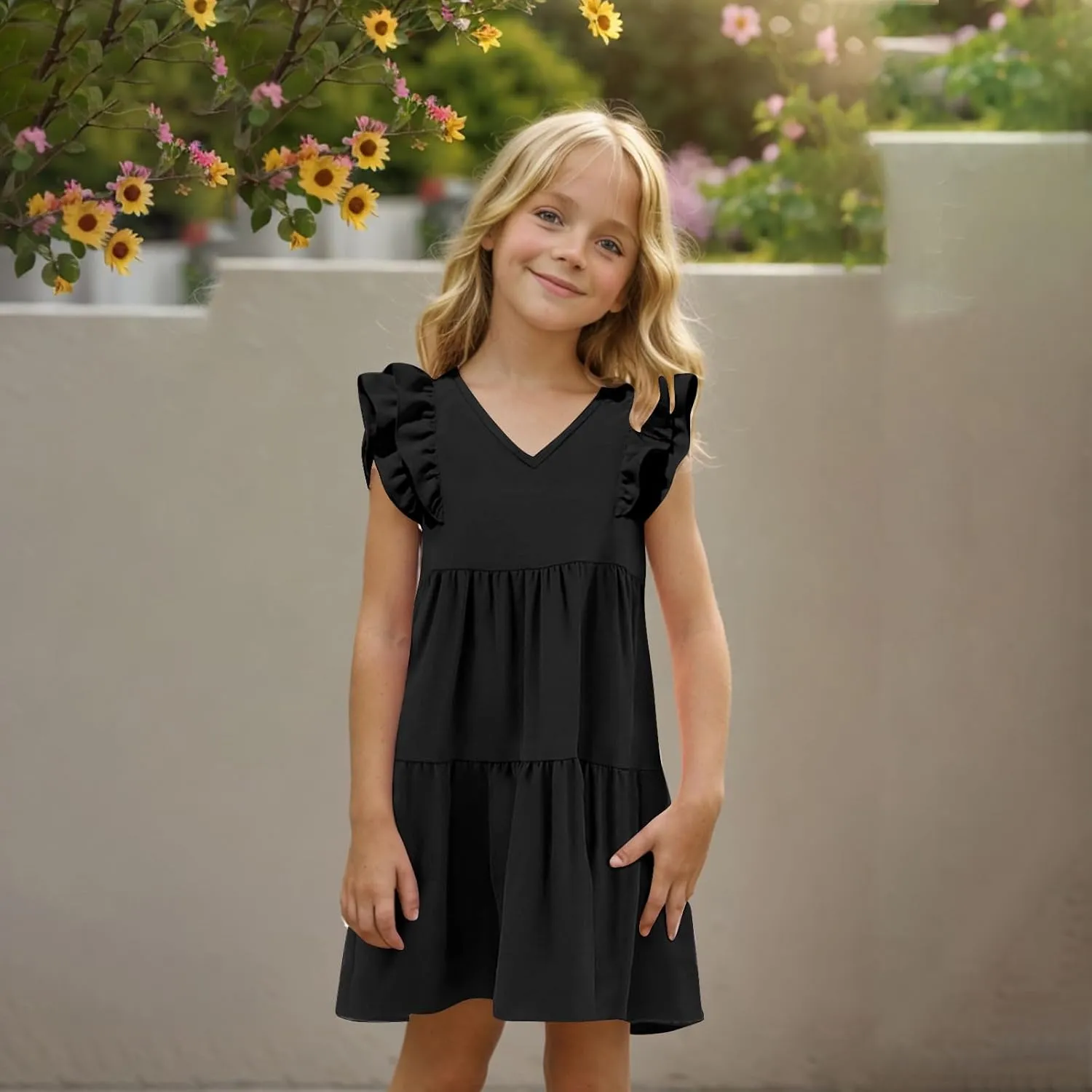 Girls Ruffle Sleeve Dresses Casual 2025 Tiered A-Line Flowy Swing Sundress Tween Summer Outfits Size 4-14 Years
