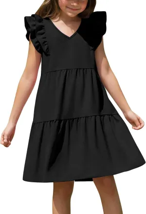 Girls Ruffle Sleeve Dresses Casual 2025 Tiered A-Line Flowy Swing Sundress Tween Summer Outfits Size 4-14 Years