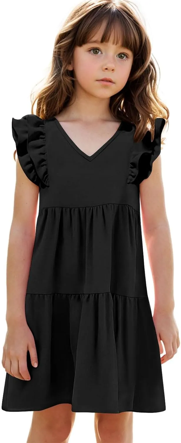 Girls Ruffle Sleeve Dresses Casual 2025 Tiered A-Line Flowy Swing Sundress Tween Summer Outfits Size 4-14 Years