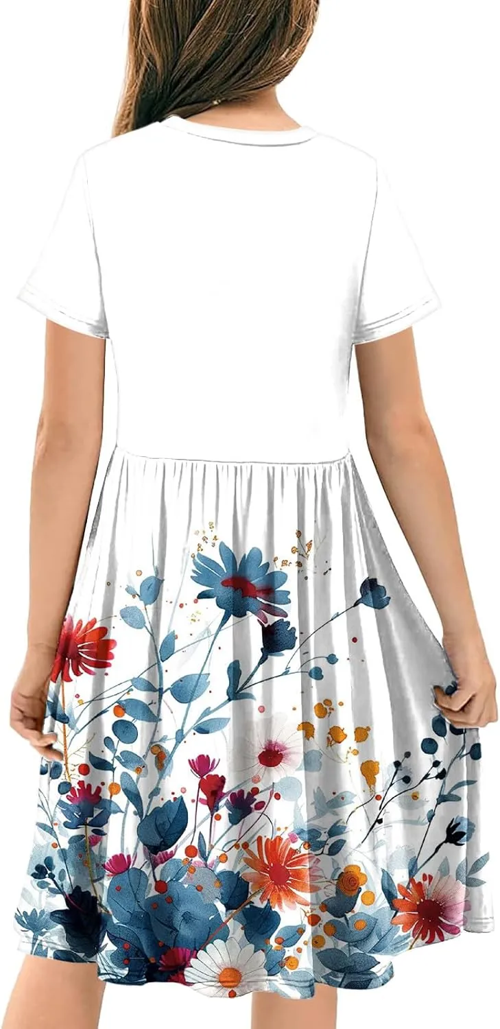 Girls Short Sleeve Dresses Casual Summer Floral Printed Dresses for Party Ruffle Hem a-Line Swing Sundress 4-14 Years