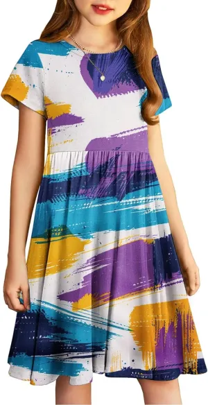 Girls Short Sleeve Dresses Casual Summer Floral Printed Dresses for Party Ruffle Hem a-Line Swing Sundress 4-14 Years
