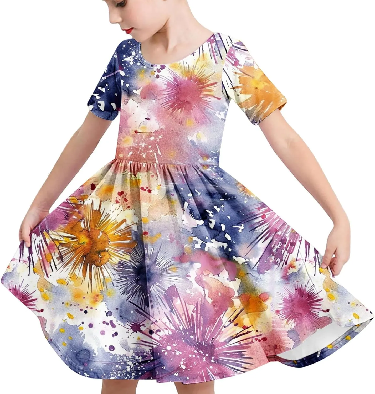 Girls Short Sleeve Dresses Casual Summer Floral Printed Dresses for Party Ruffle Hem a-Line Swing Sundress 4-14 Years