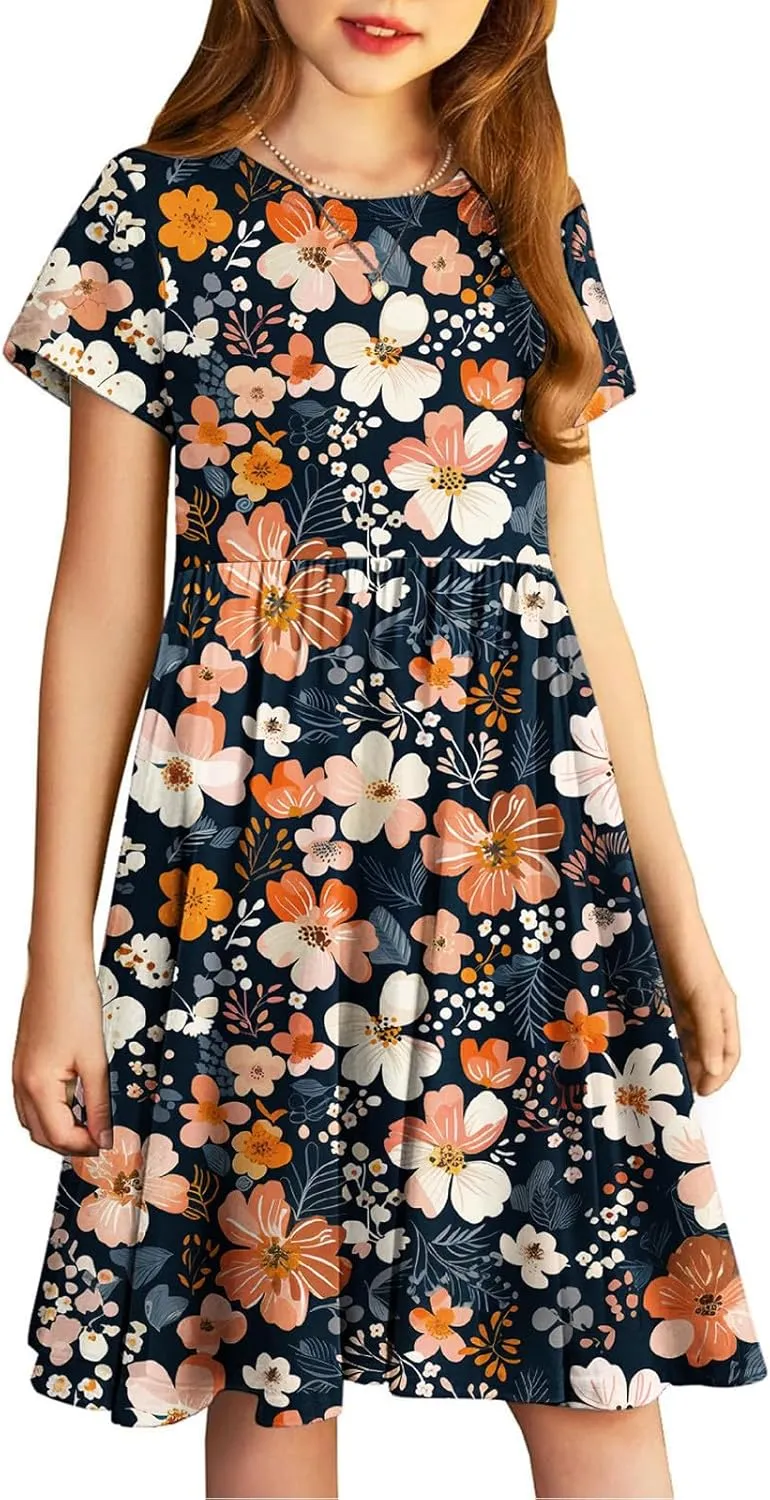 Girls Short Sleeve Dresses Casual Summer Floral Printed Dresses for Party Ruffle Hem a-Line Swing Sundress 4-14 Years