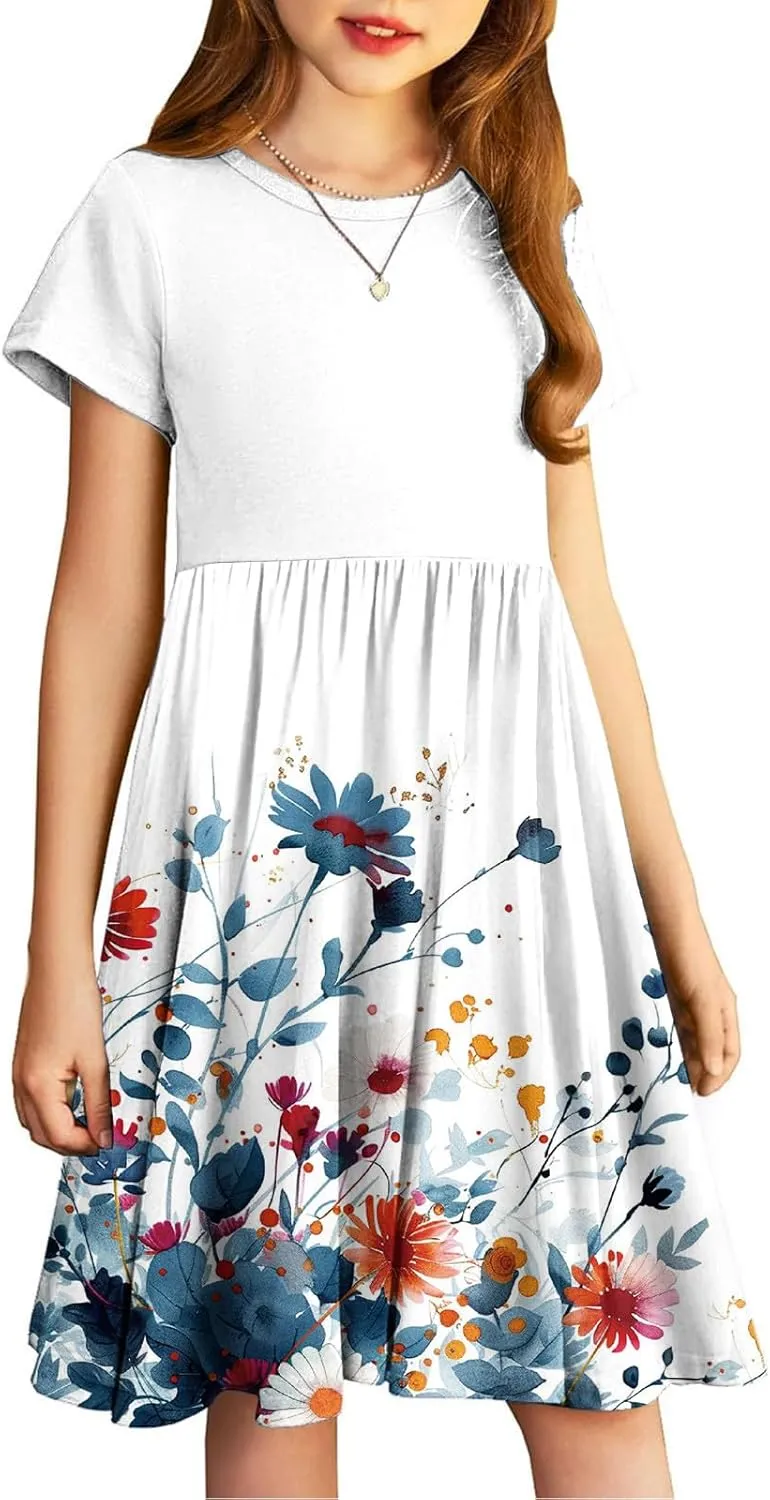 Girls Short Sleeve Dresses Casual Summer Floral Printed Dresses for Party Ruffle Hem a-Line Swing Sundress 4-14 Years