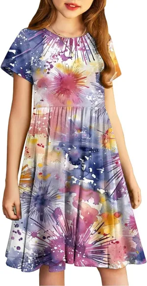 Girls Short Sleeve Dresses Casual Summer Floral Printed Dresses for Party Ruffle Hem a-Line Swing Sundress 4-14 Years