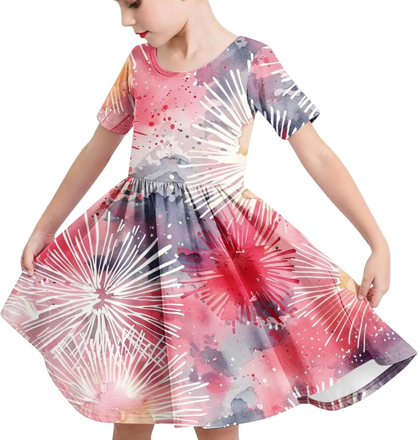 Girls Short Sleeve Dresses Casual Summer Floral Printed Dresses for Party Ruffle Hem a-Line Swing Sundress 4-14 Years