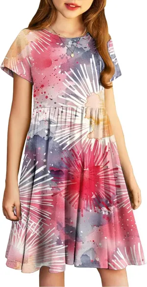 Girls Short Sleeve Dresses Casual Summer Floral Printed Dresses for Party Ruffle Hem a-Line Swing Sundress 4-14 Years