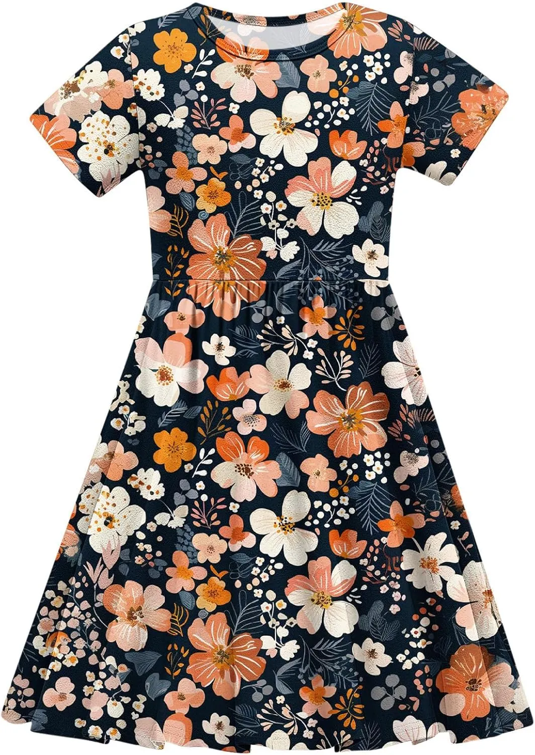 Girls Short Sleeve Dresses Casual Summer Floral Printed Dresses for Party Ruffle Hem a-Line Swing Sundress 4-14 Years