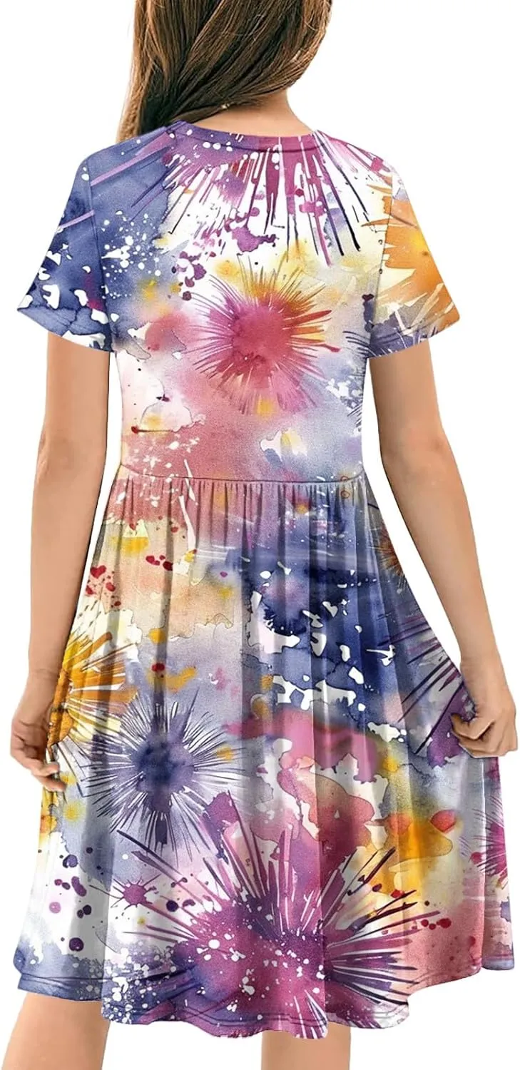 Girls Short Sleeve Dresses Casual Summer Floral Printed Dresses for Party Ruffle Hem a-Line Swing Sundress 4-14 Years