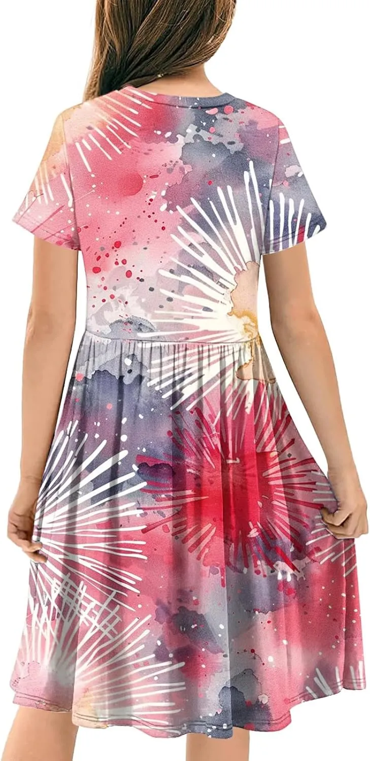 Girls Short Sleeve Dresses Casual Summer Floral Printed Dresses for Party Ruffle Hem a-Line Swing Sundress 4-14 Years