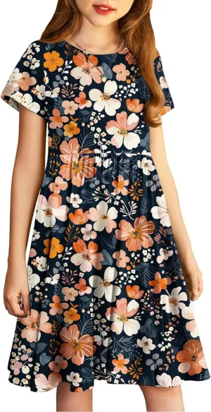 Girls Short Sleeve Dresses Casual Summer Floral Printed Dresses for Party Ruffle Hem a-Line Swing Sundress 4-14 Years