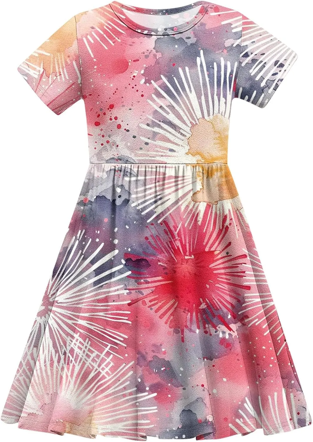 Girls Short Sleeve Dresses Casual Summer Floral Printed Dresses for Party Ruffle Hem a-Line Swing Sundress 4-14 Years