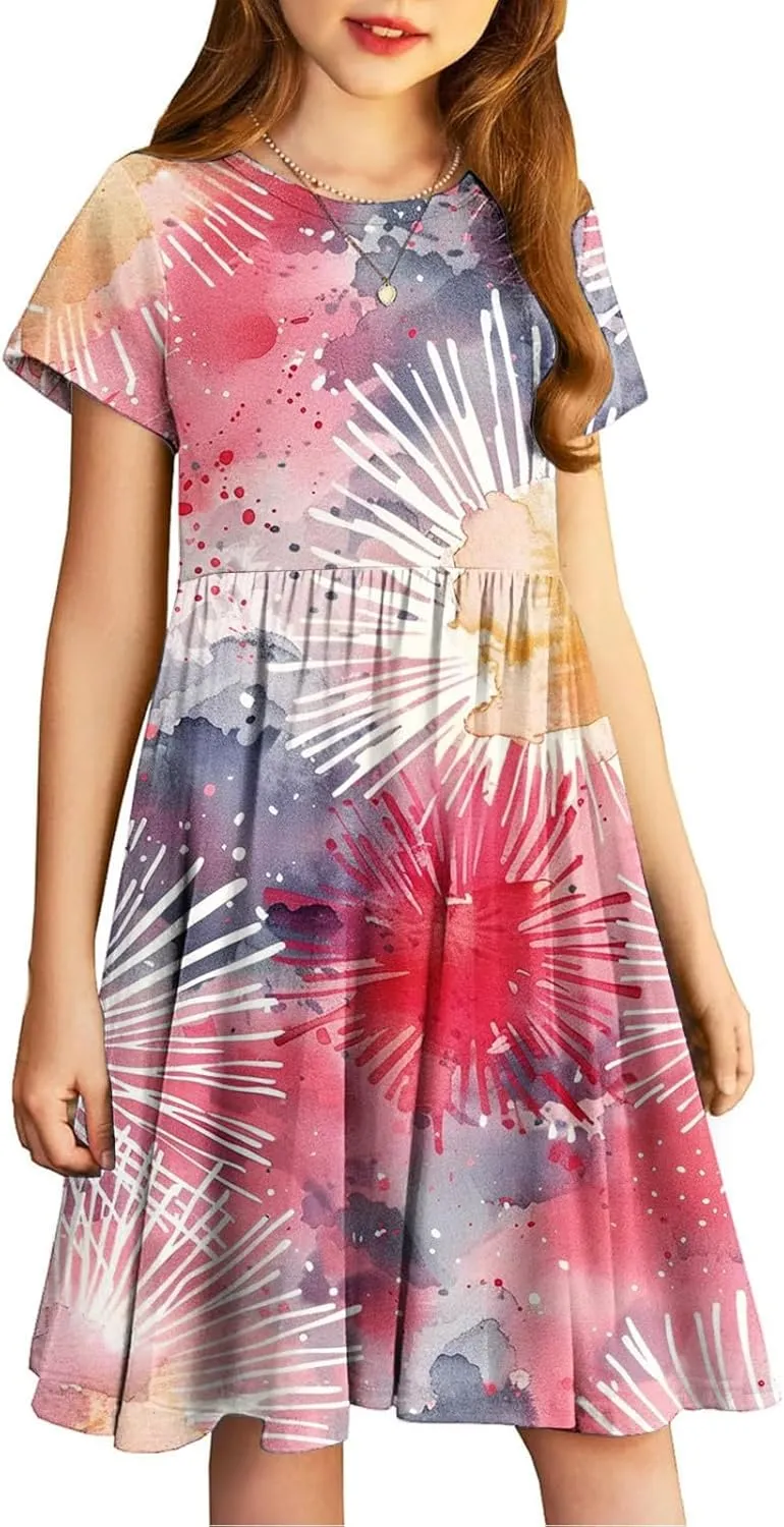 Girls Short Sleeve Dresses Casual Summer Floral Printed Dresses for Party Ruffle Hem a-Line Swing Sundress 4-14 Years
