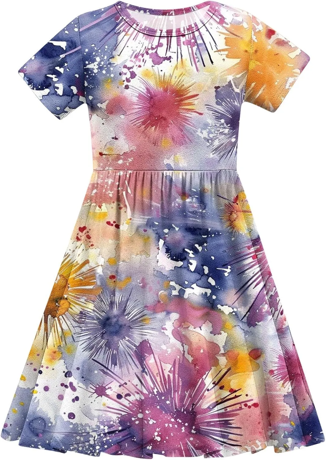 Girls Short Sleeve Dresses Casual Summer Floral Printed Dresses for Party Ruffle Hem a-Line Swing Sundress 4-14 Years