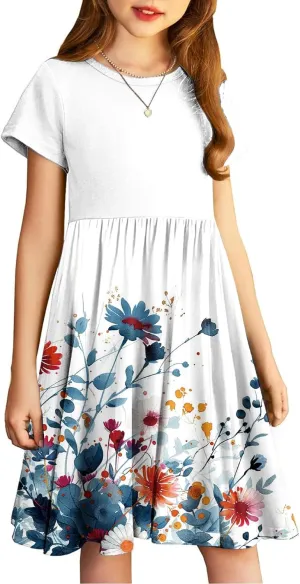 Girls Short Sleeve Dresses Casual Summer Floral Printed Dresses for Party Ruffle Hem a-Line Swing Sundress 4-14 Years